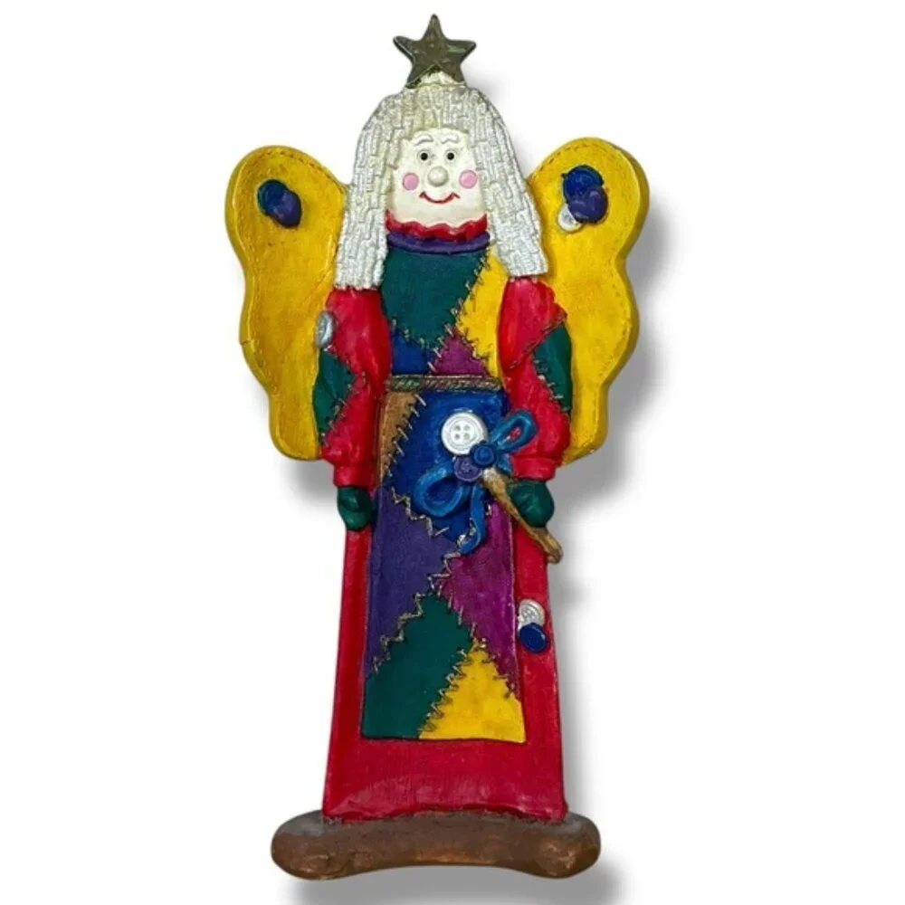 Folk Art Christmas Angel Figurine Star Hand Crafted Polymer Clay Vintage 1990